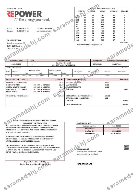 Switzerland Repower AG business utility bill template, fully editable in Word and PDF formats